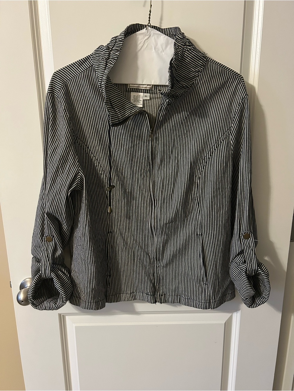 Striped Black and White Utility Jacket with Drawcord Hood